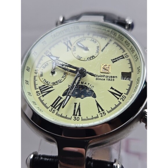 Steinhausen Marquise Automatic Watch Moon Phase Triple Calendar Silver Black - Picture 4 of 13